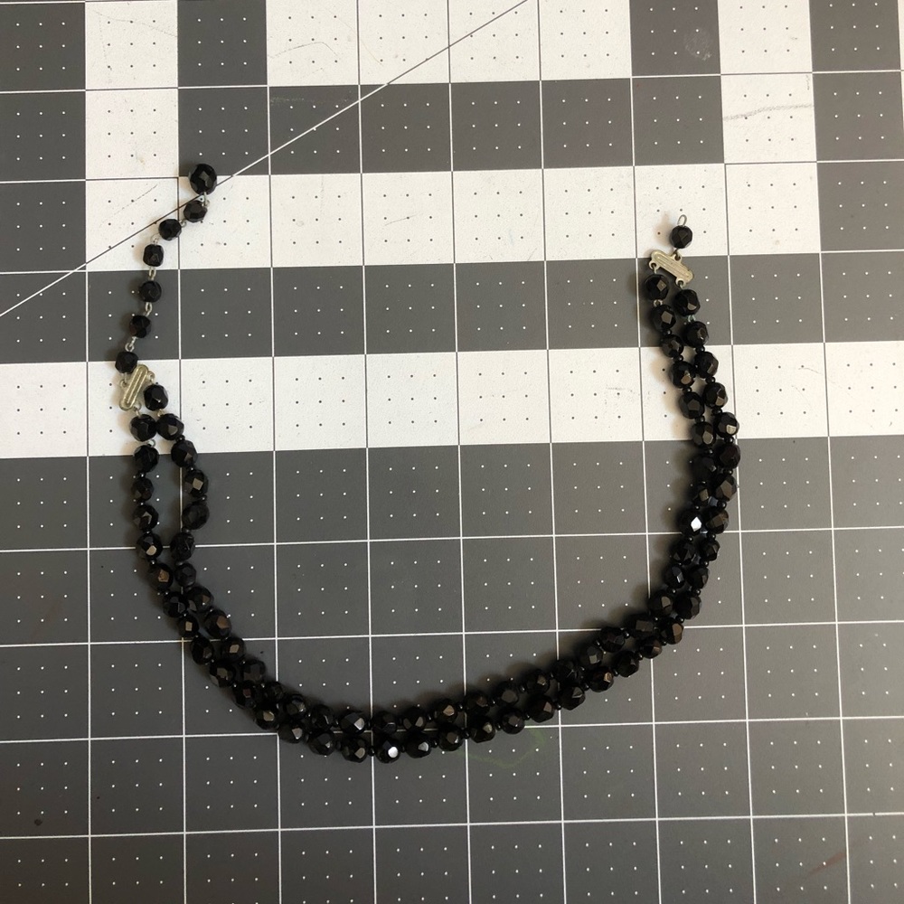 Vintage antique Victorian jet hand cut bead necklace double stranded